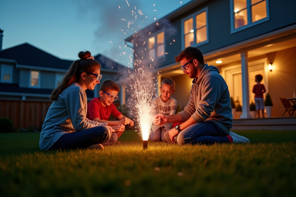 Famille dans le jardin préparant des feux d'artifice au crépuscule