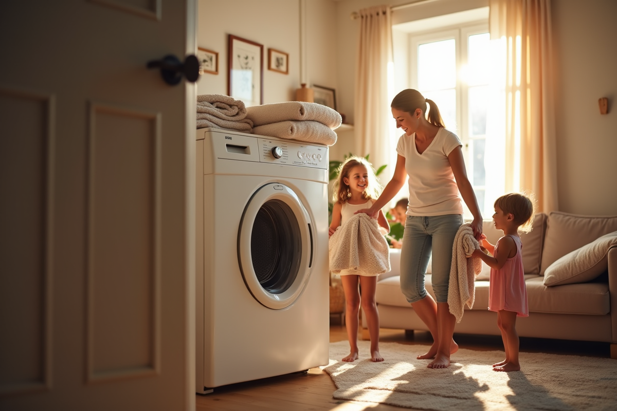 Famille dans le salon avec linge et sèche-linge