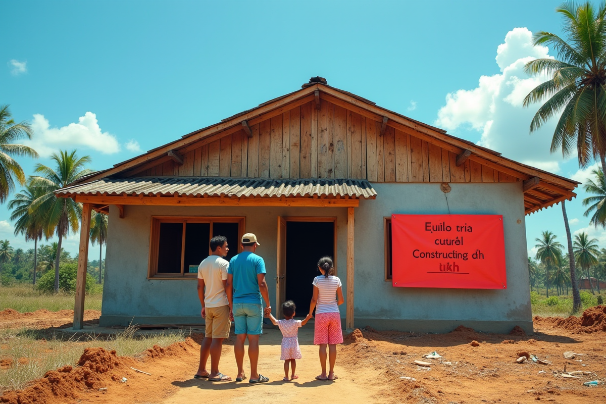 Famille devant une maison inachevee en rural Philippines