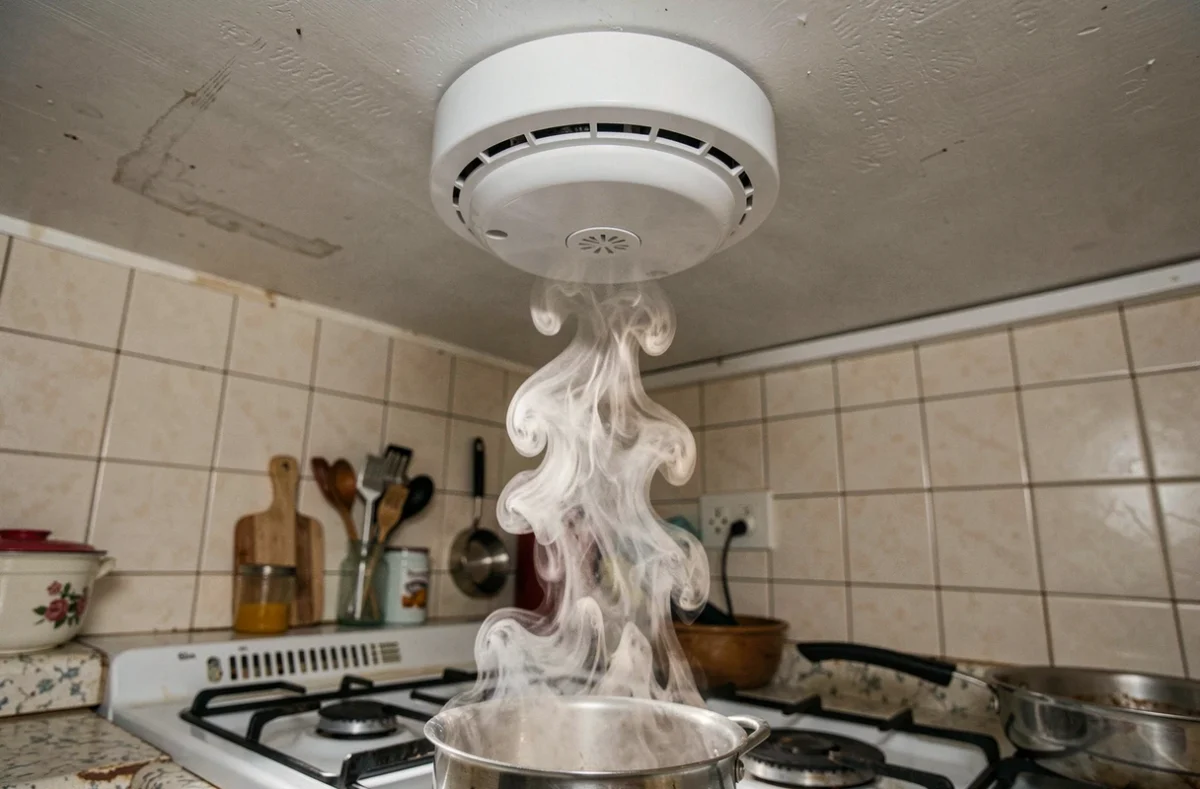 Détecteur de fumée déclenché par la vapeur de cuisson au-dessus d'une cuisinière