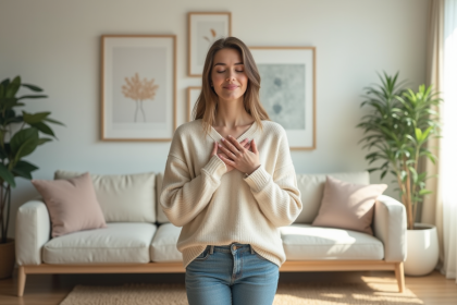 Femme souriante en intérieur calme et lumineux