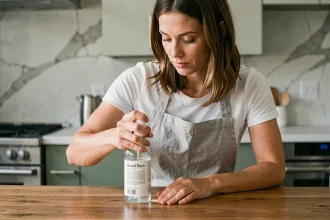 Femme appliquant le produit H2O sur un plan de travail en bois dans une cuisine moderne