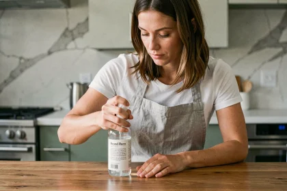 Femme appliquant le produit H2O sur un plan de travail en bois dans une cuisine moderne