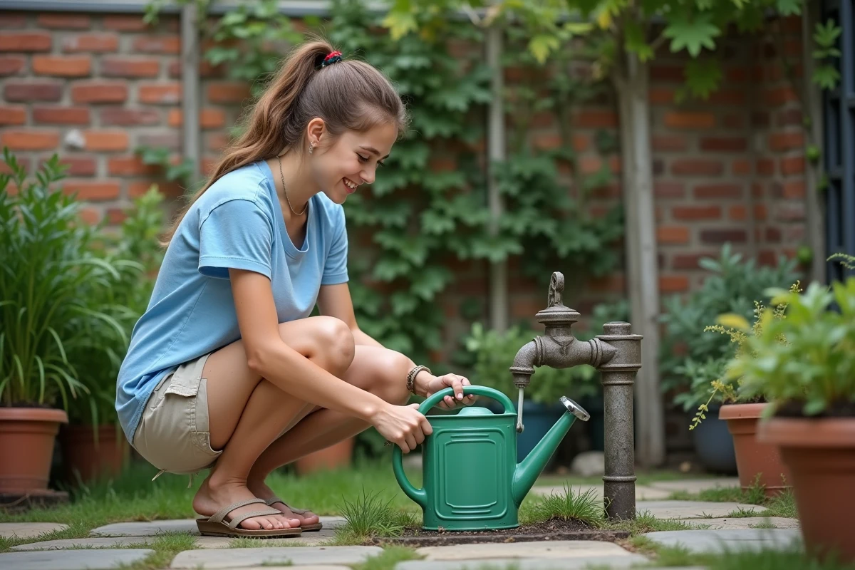 Jeune femme arrosant ses plantes dans un petit jardin