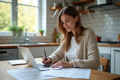 Femme consultant des documents d'assurance habitation sur une table de cuisine moderne