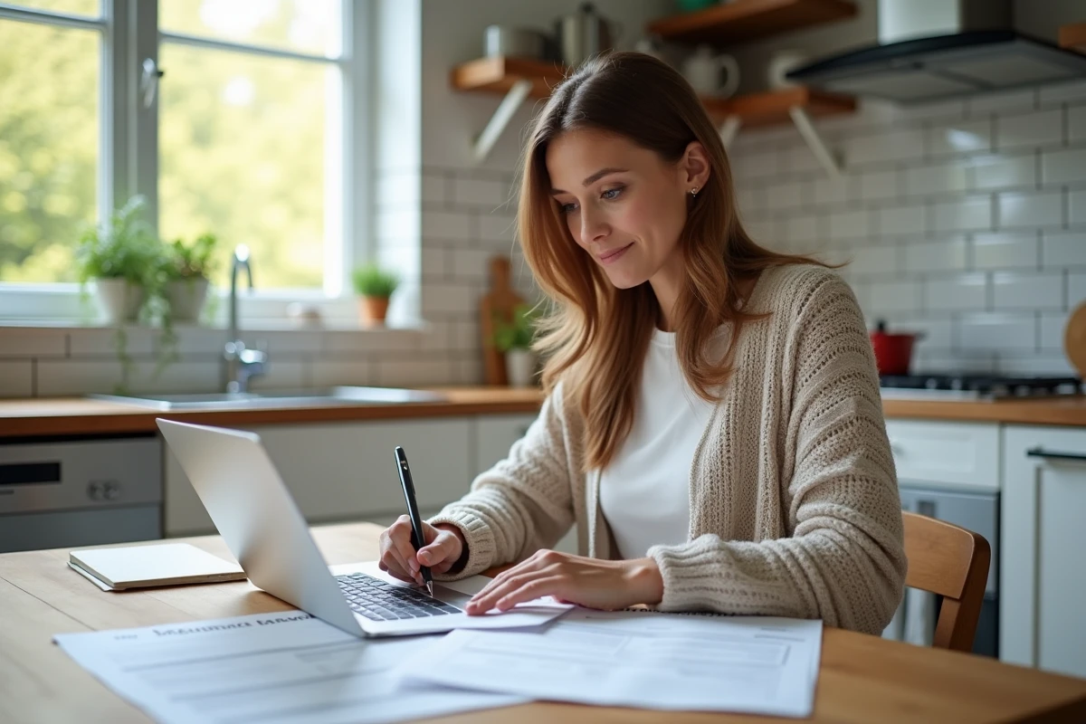 Femme consultant des documents d'assurance habitation sur une table de cuisine moderne