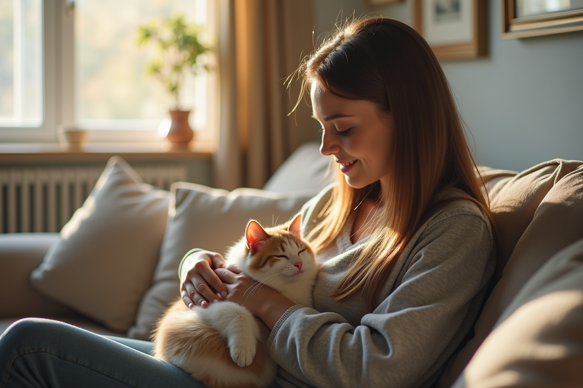 Jeune femme tenant un chat détendu sur ses genoux dans un salon lumineux