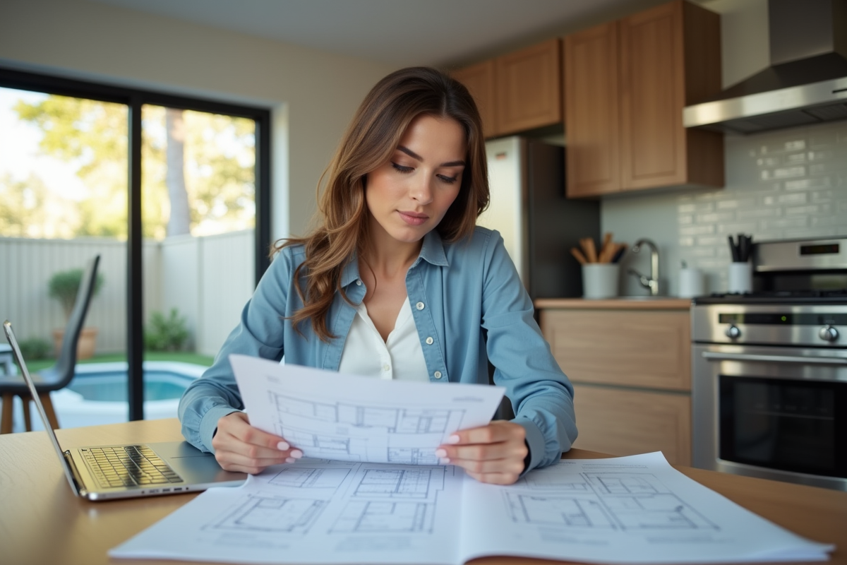 Jeune femme analysant des plans de piscine dans la cuisine