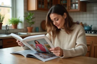 Femme feuilletant le catalogue Blancheporte reçu gratuitement à la maison