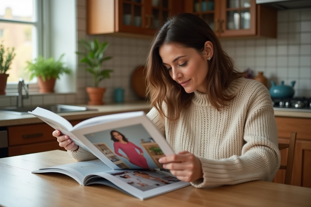 Femme feuilletant le catalogue Blancheporte reçu gratuitement à la maison