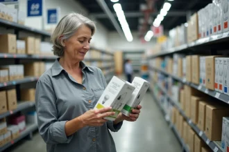 Femme comparant des emballages d'ampoules LED en magasin pour choisir selon les lumens et les watts