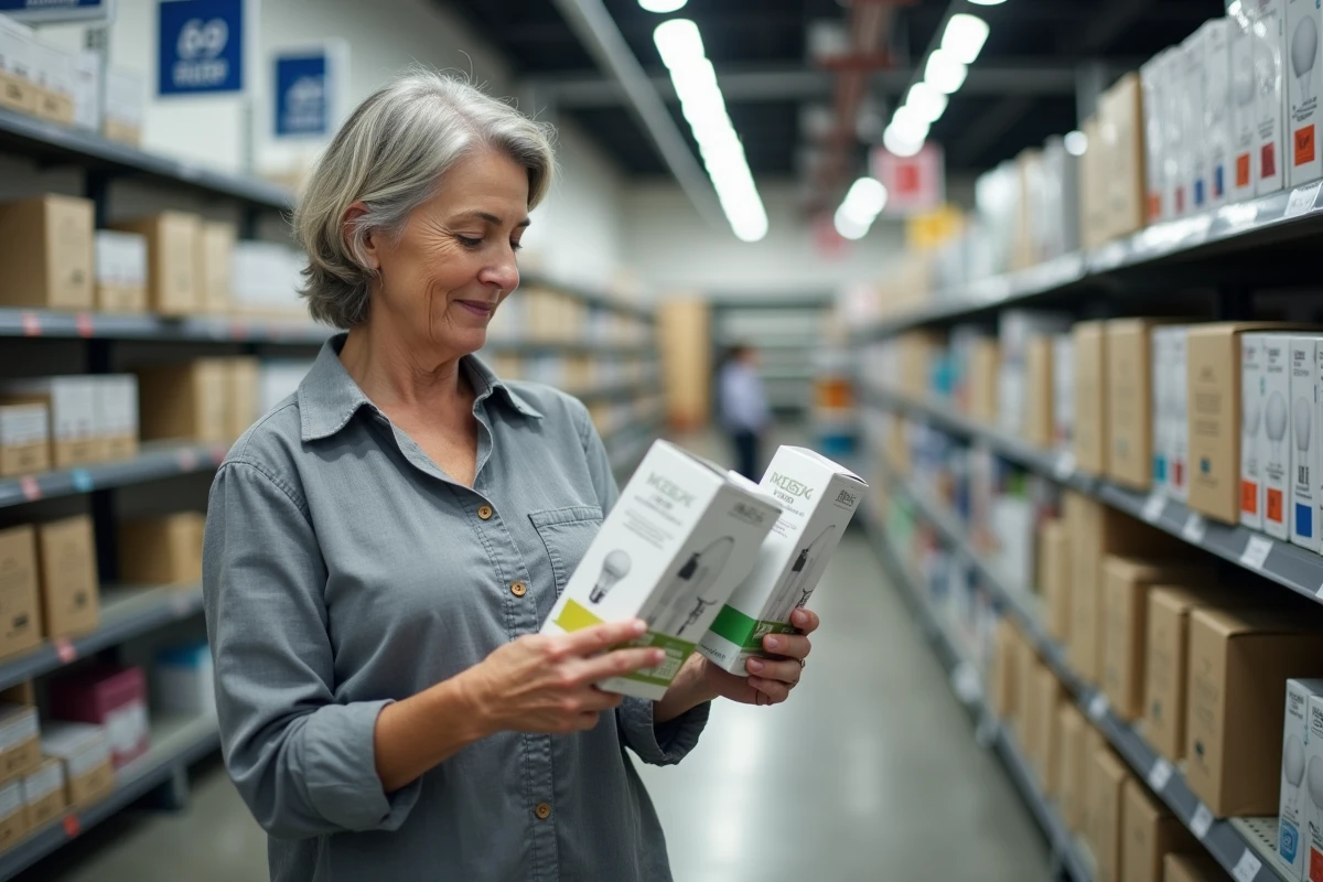 Femme comparant des emballages d'ampoules LED en magasin pour choisir selon les lumens et les watts