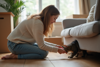 Femme aidant un chat timide à sortir d'un sofa dans un salon récent