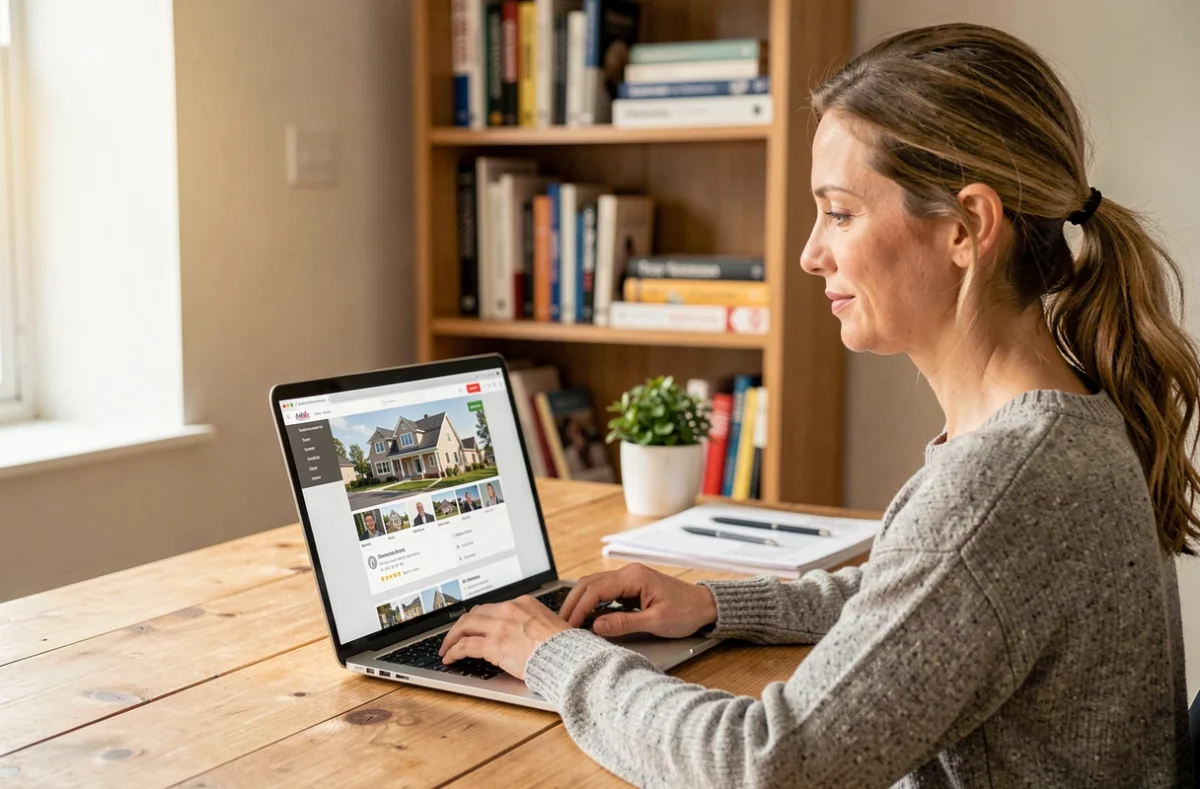 Femme comparant des artisans et des devis de travaux sur un site internet depuis son bureau à domicile