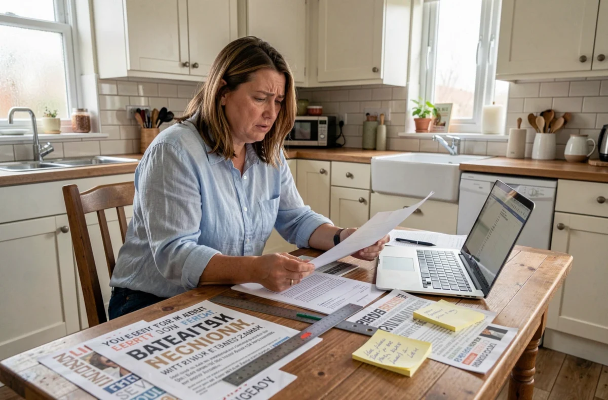 Femme comparant des devis de petits travaux de rénovation sur une table de cuisine encombrée de documents et d'un ordinateur portable