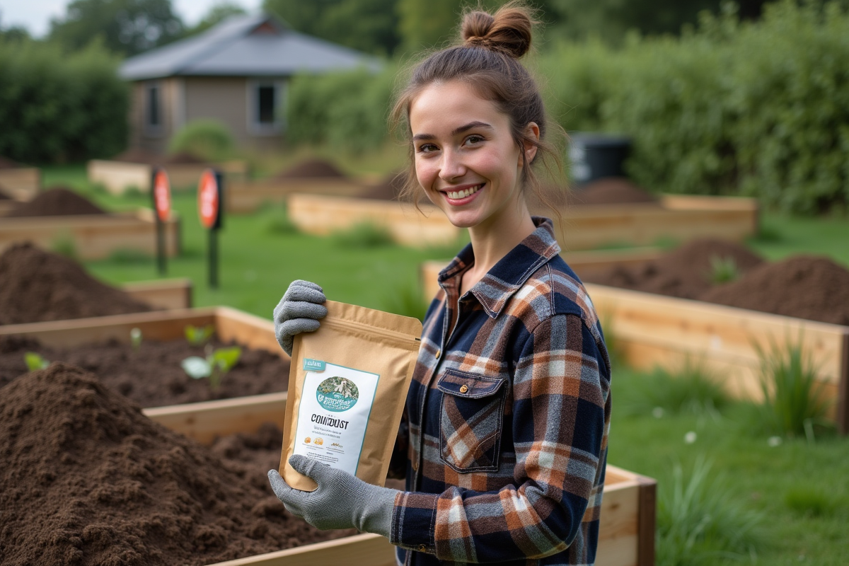 Jeune femme avec sac de compost dans jardin communautaire