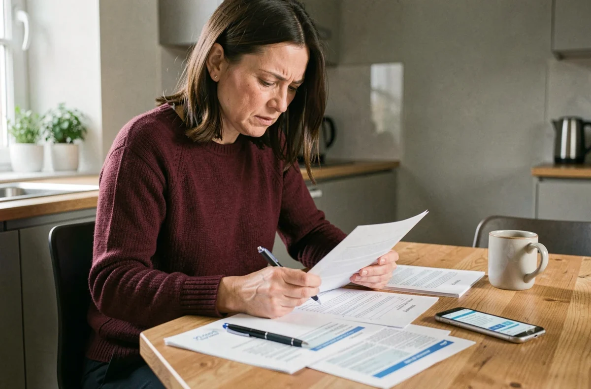 Femme analysant un contrat d'assurance box garage avec des documents étalés sur une table