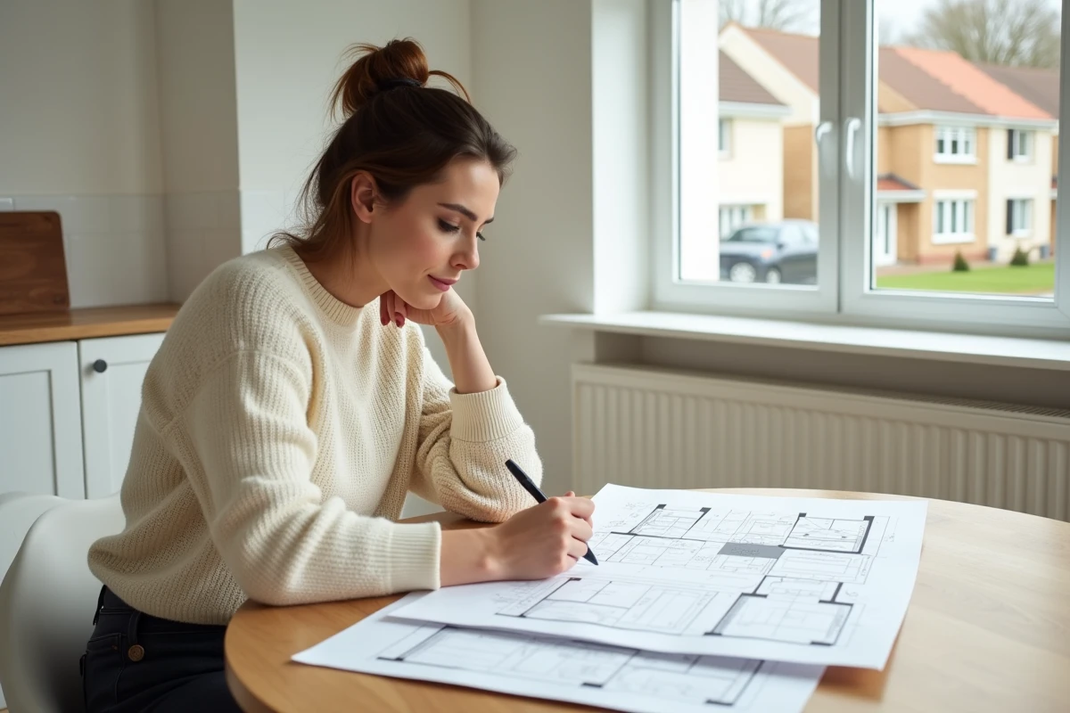 Femme étudiant un contrat de construction et des plans de maison dans un intérieur neuf au style épuré, projet Maison Kléa Nord