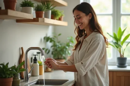 Femme ajustant un robinet moderne dans une cuisine lumineuse