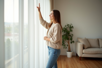 Femme souriante touche un rideau blanc dans un salon lumineux