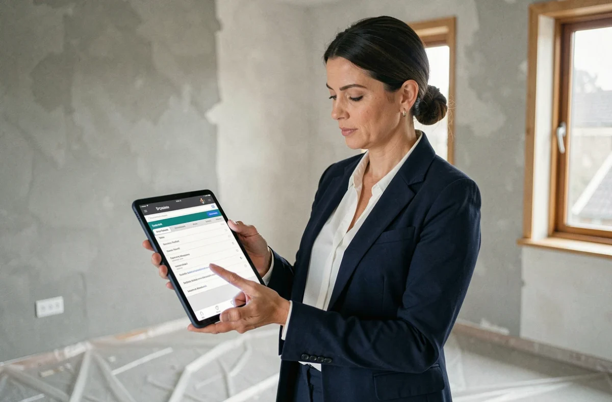 Femme consultant un site de devis rénovation sur tablette dans un salon en cours de rénovation