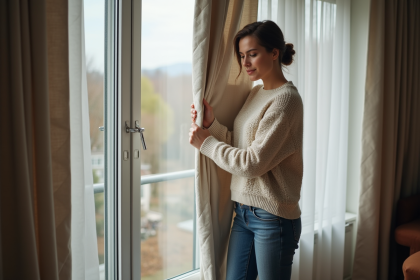 Femme dessinant un rideau thermique dans un salon moderne
