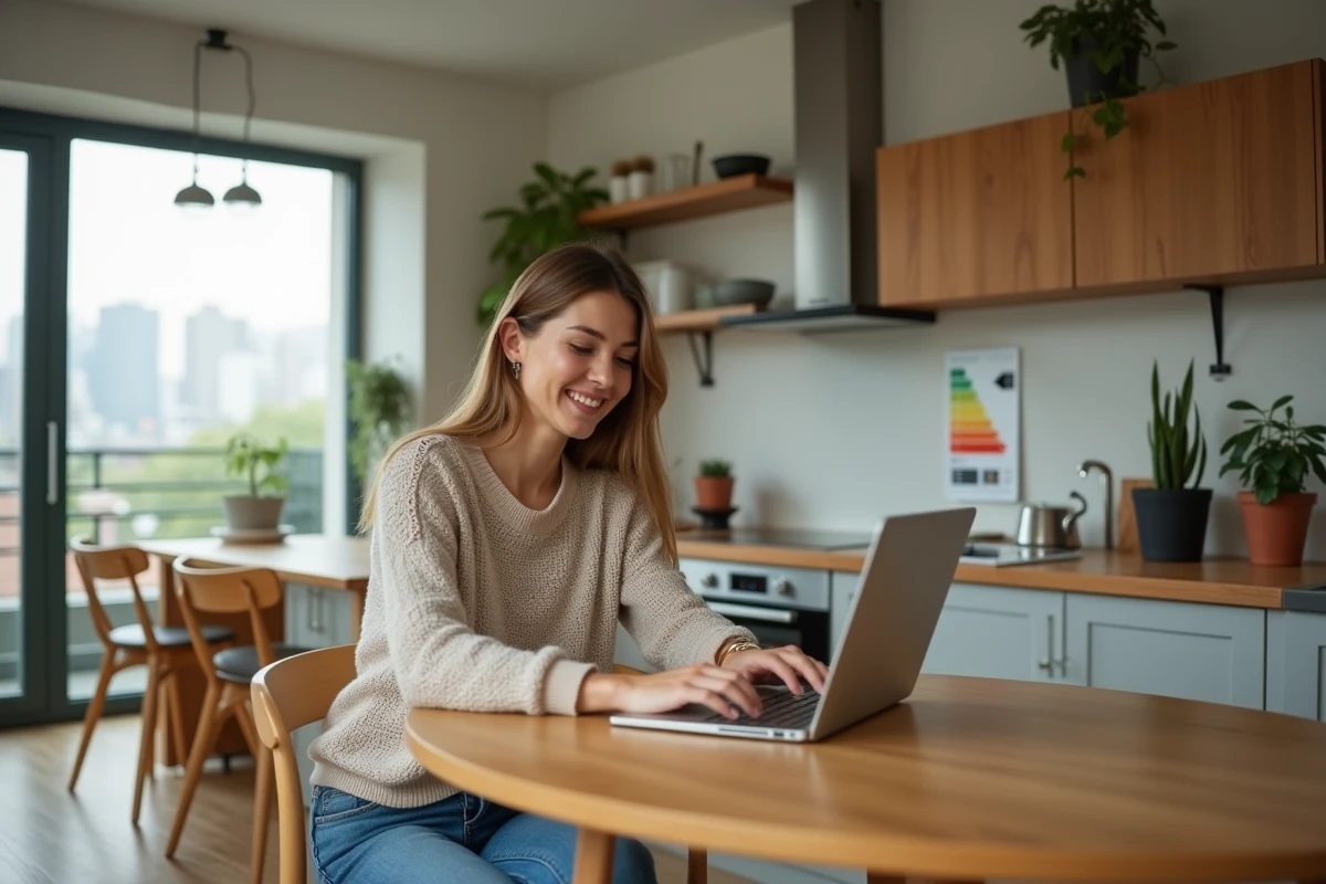 Jeune femme souriante utilise un ordinateur dans une cuisine écologique