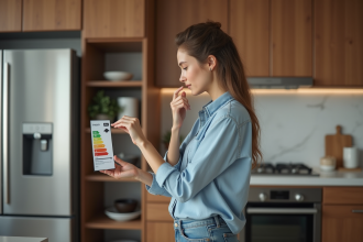 Femme regardant l'étiquette énergétique d'un frigo moderne