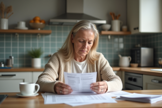 Femme moyenne âge consulte sa facture d'électricité à la cuisine