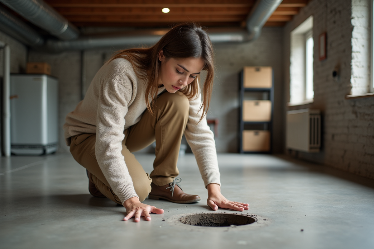 Jeune femme pointant une fissure dans le sol du sous-sol