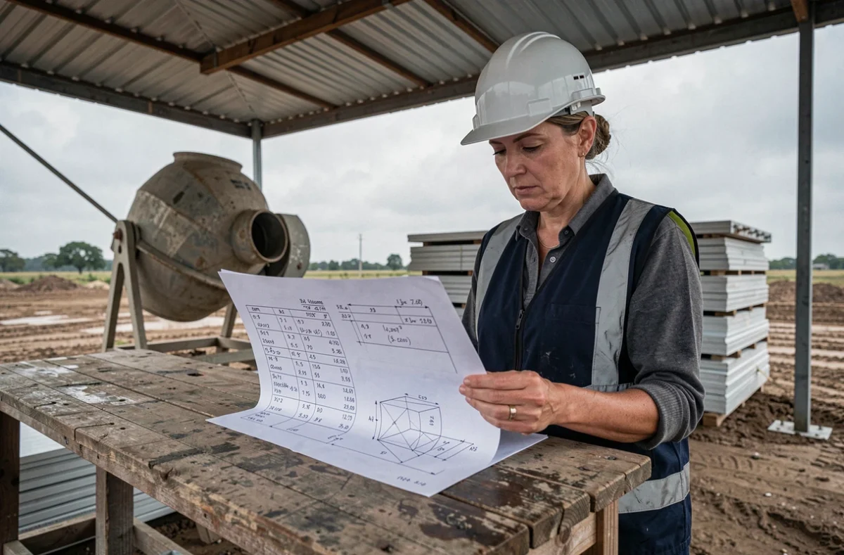 Ingénieure sur chantier vérifiant une feuille de calcul de volume béton en m3 pour un coffrage complexe