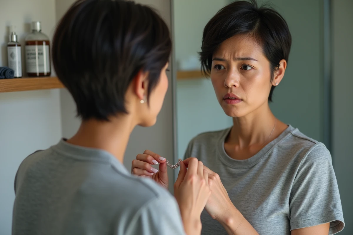 Femme inspectant un collier en argent noirci dans une salle de bain avec des produits d'entretien pour bijoux