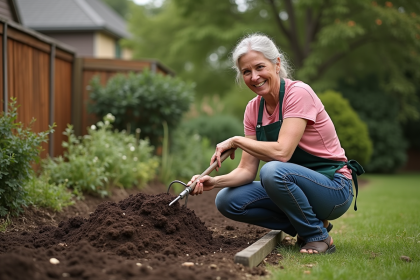 Femme d'âge moyen en jardinage compostage extérieur