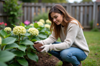 Femme jardinant avec des fonds de café autour d'une hortensia