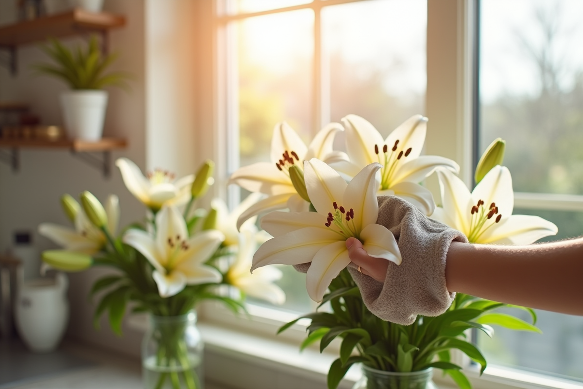Femme nettoyant délicatement des lys blancs dans une cuisine lumineuse