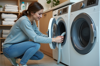 Femme connectant un tuyau de lave-linge dans une buanderie moderne