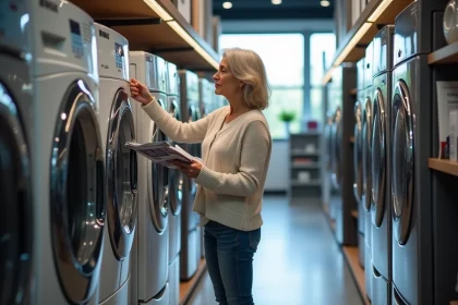 Femme inspectant une machine &agrave; laver moderne en magasin