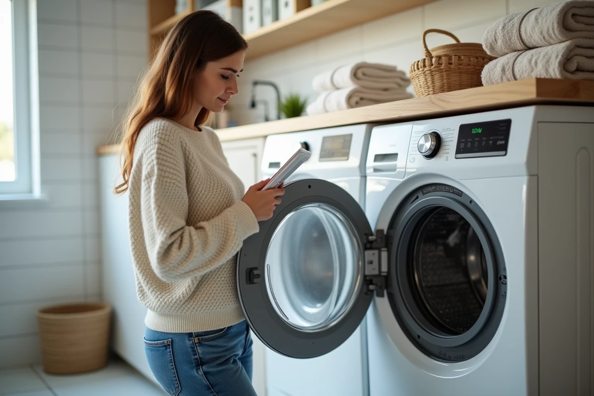 Femme lisant l'étiquette énergétique d'un lave-linge