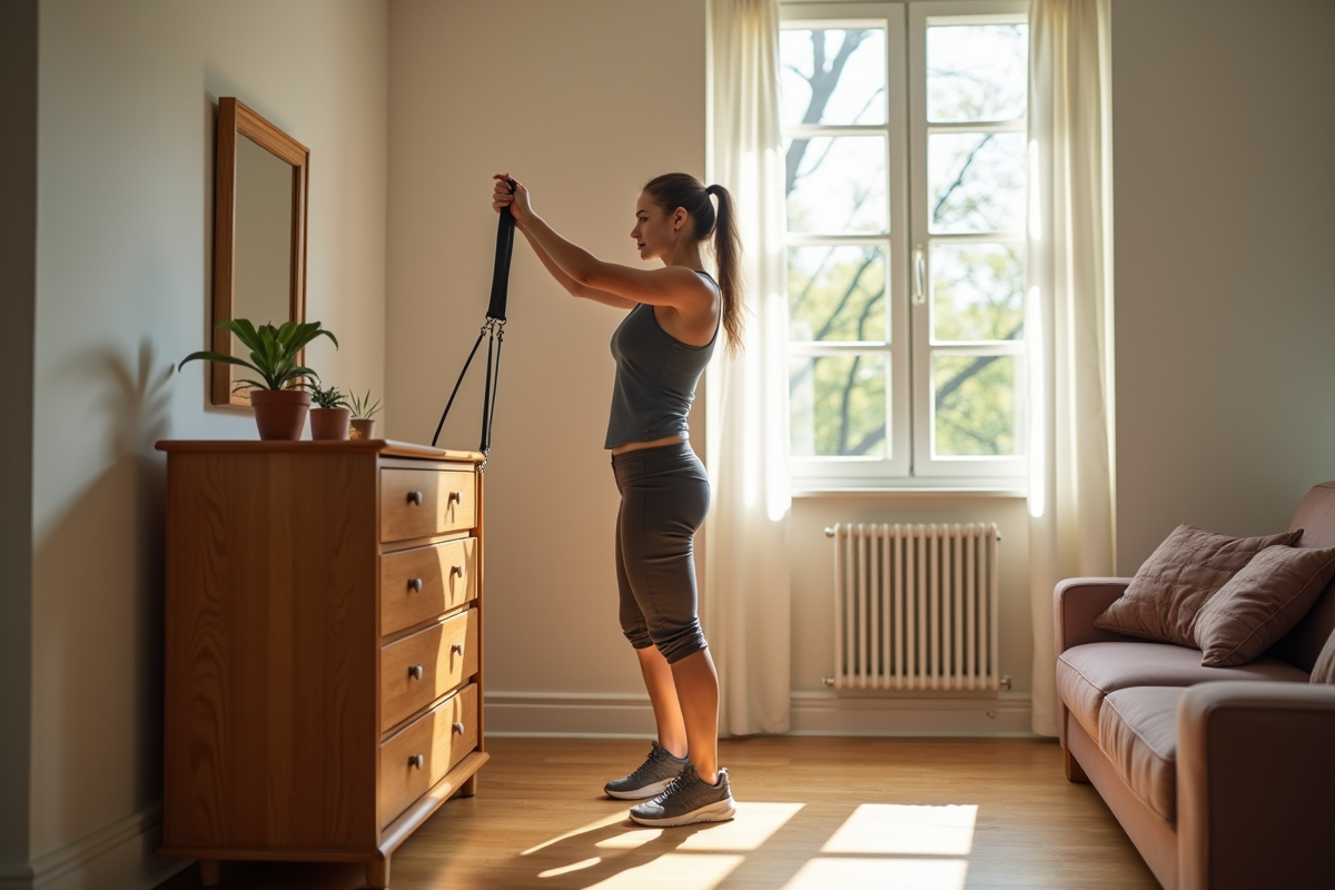 Femme forte soulevant un meuble dans un salon lumineux