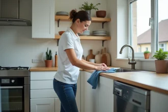 Femme nettoyant un plan de travail dans une cuisine moderne