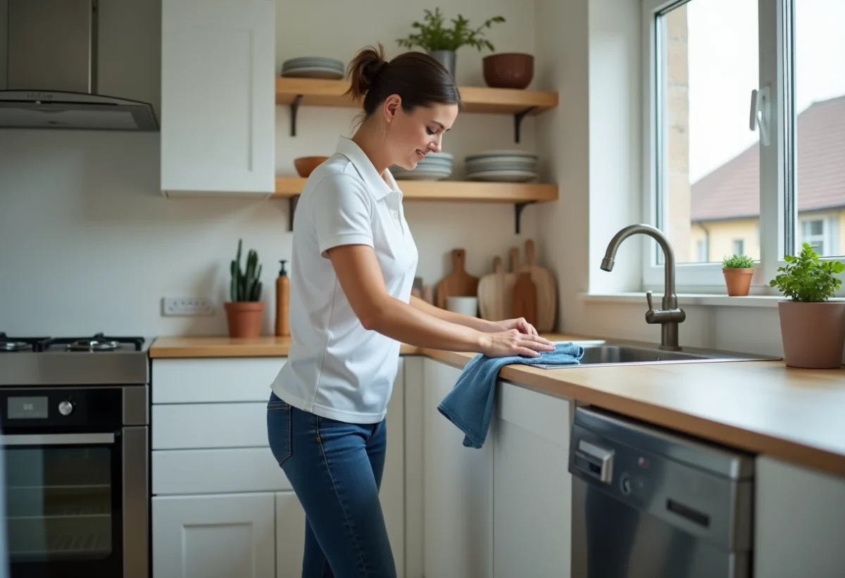 Femme nettoyant un plan de travail dans une cuisine moderne