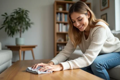 Femme appliquant du polish sur une table en bois claire