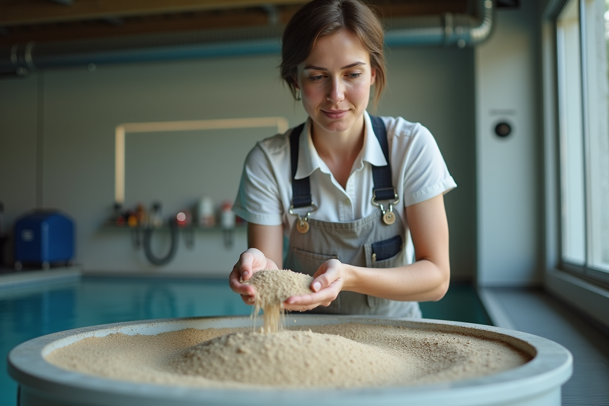 Femme en tenue de travail manipulant du sable dans une salle technique