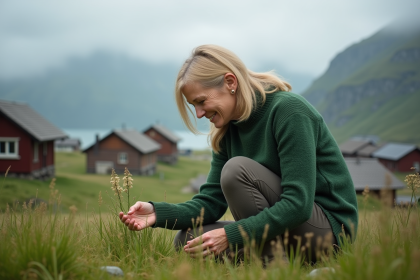 Femme norvegienne blonde inspectant des fleurs sauvages sur un toit