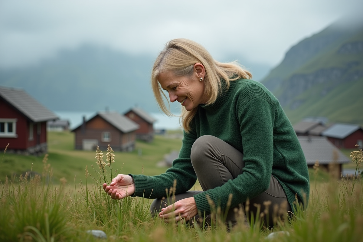 Femme norvegienne blonde inspectant des fleurs sauvages sur un toit