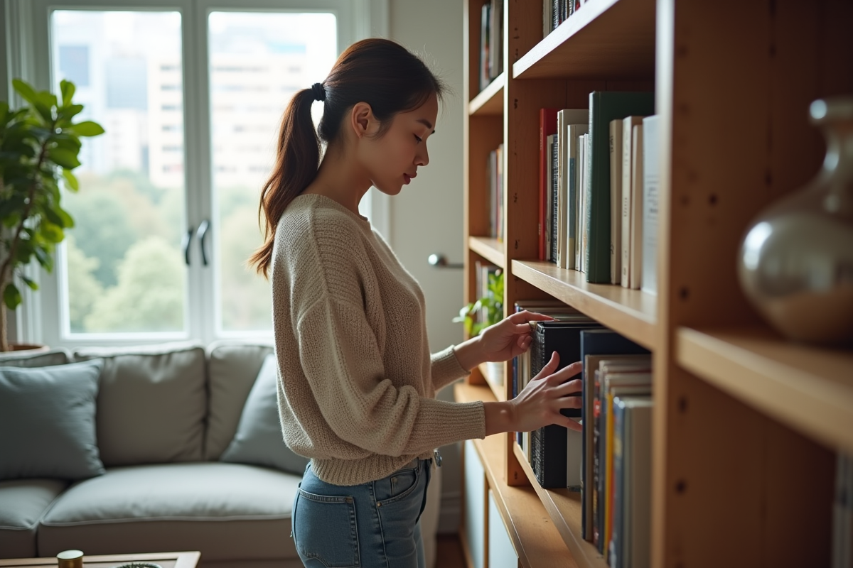 Femme organisant des livres dans un salon lumineux