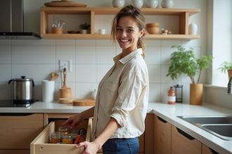 Jeune femme organisant tiroirs de cuisine moderne