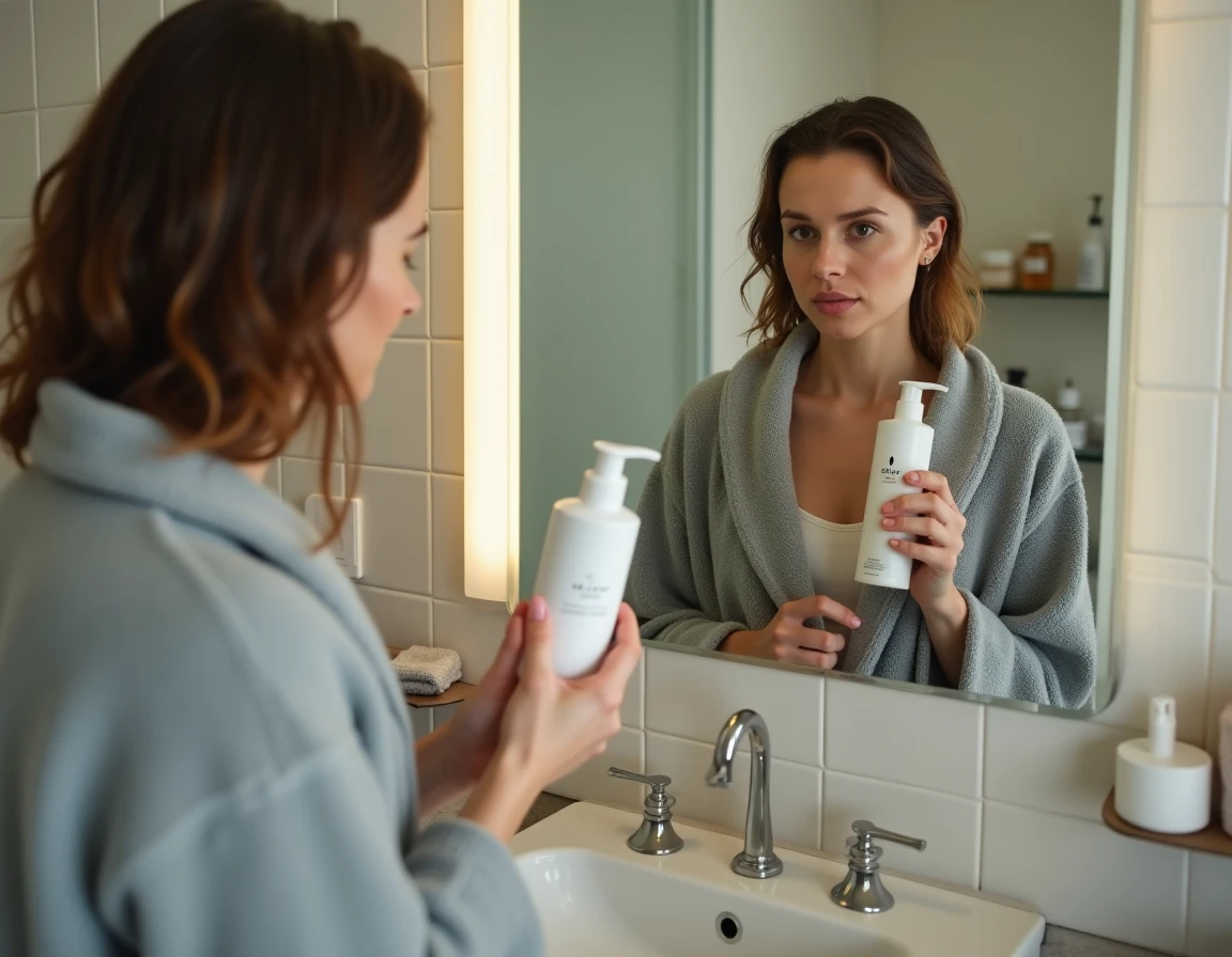 Femme en peignoir appliquant un produit capillaire Elsay dans une salle de bain domestique réaliste