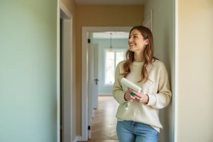Femme souriante peignant un couloir int&eacute;rieur en vert et beige
