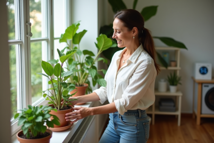 Femme souriante inspectant des plantes en int&eacute;rieur dans un salon cosy